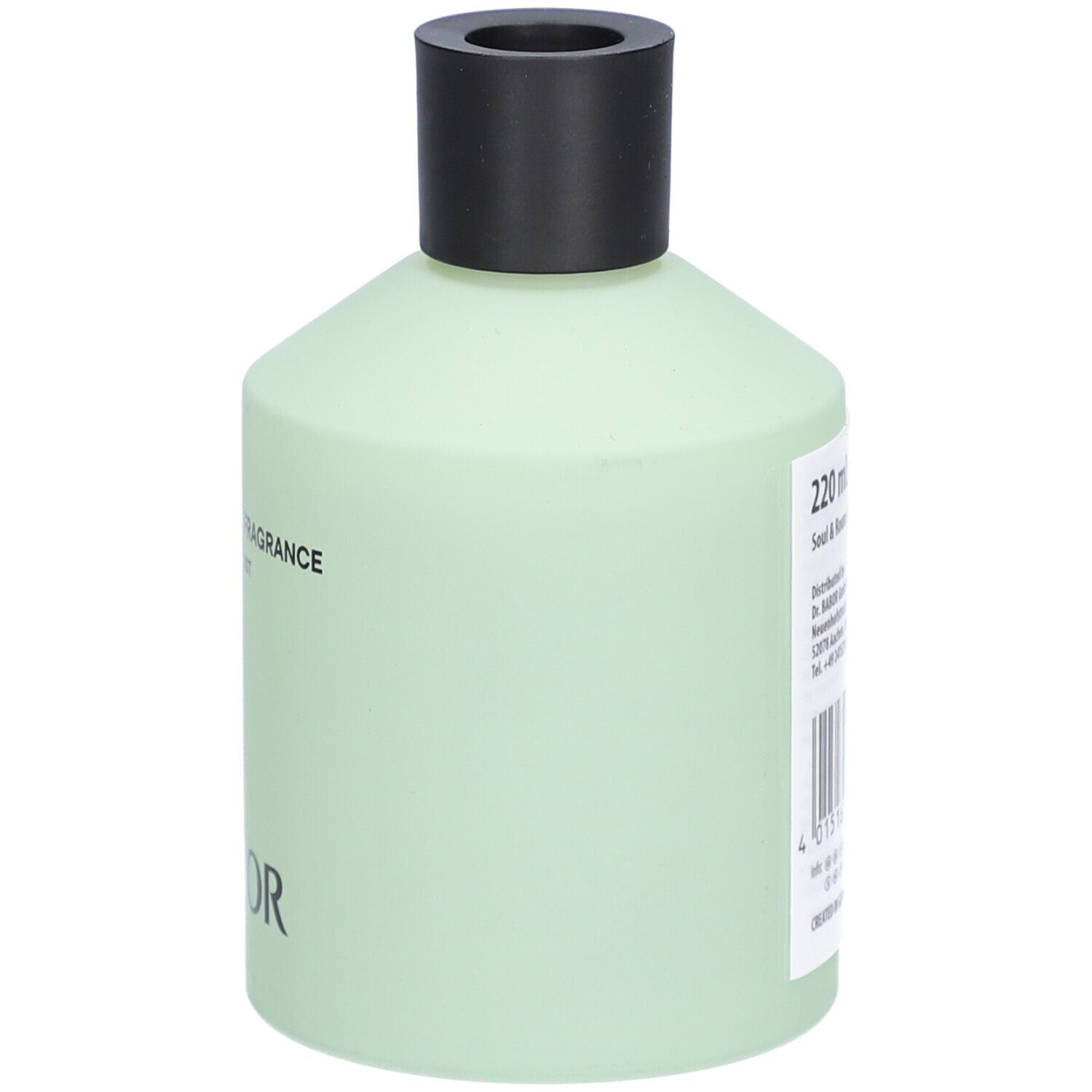 Hellgrüne Flasche mit schwarzem Deckel. Produktname und Markenlogo auf der Flasche.