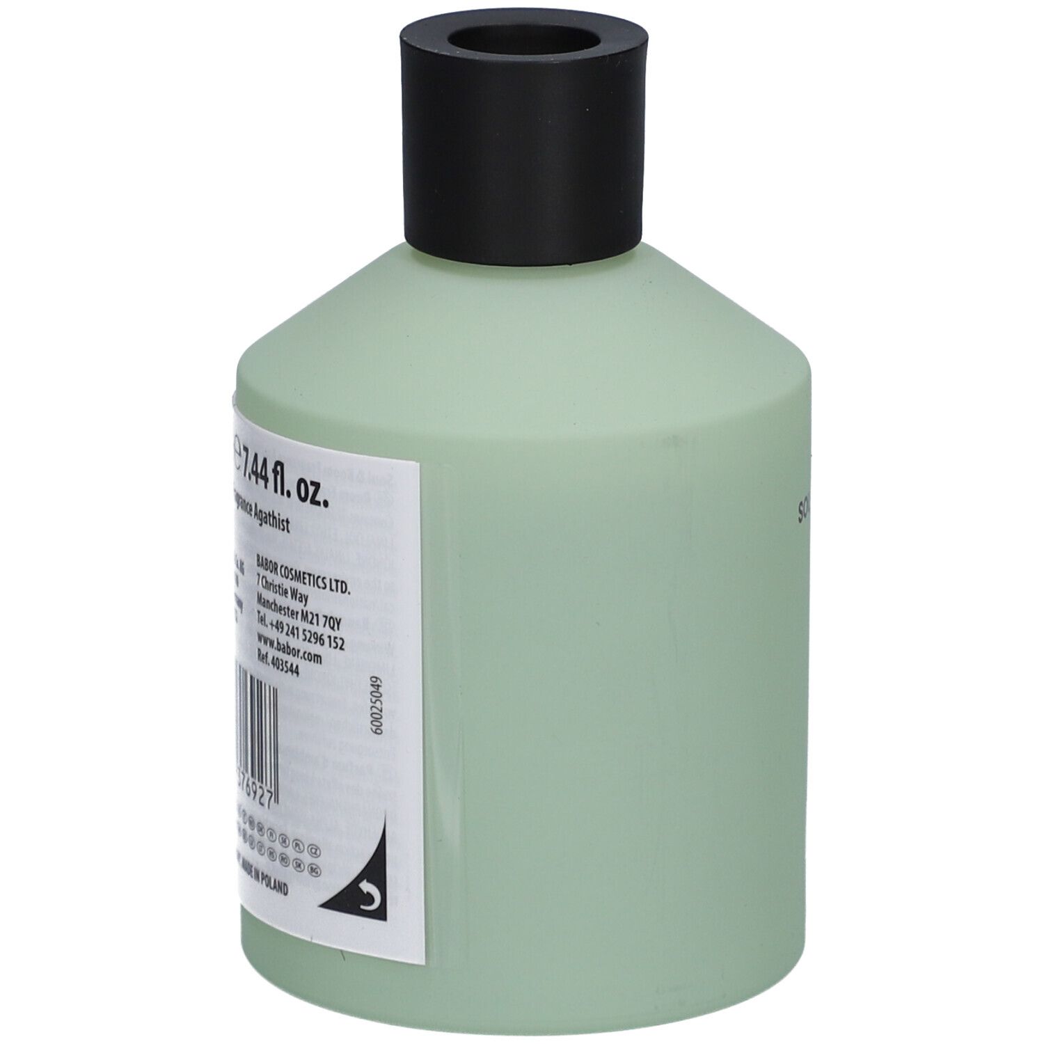 Hellgrüne Flasche mit schwarzem Deckel. Etikett mit Produktinformationen und Barcode.