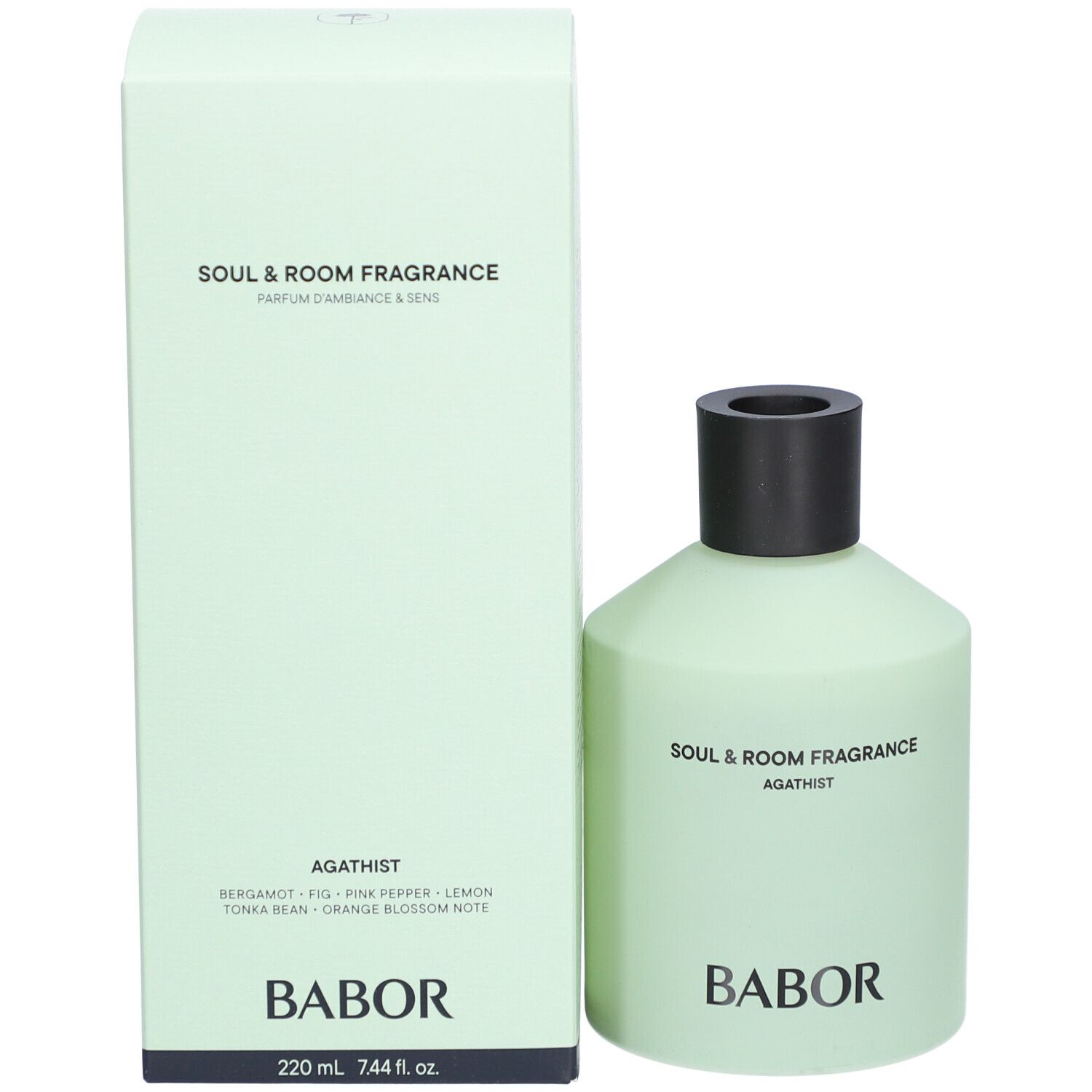 Hellgrüne Flasche und Verpackung. Aufschrift: Soul & Room Fragrance Agathist, BABOR.