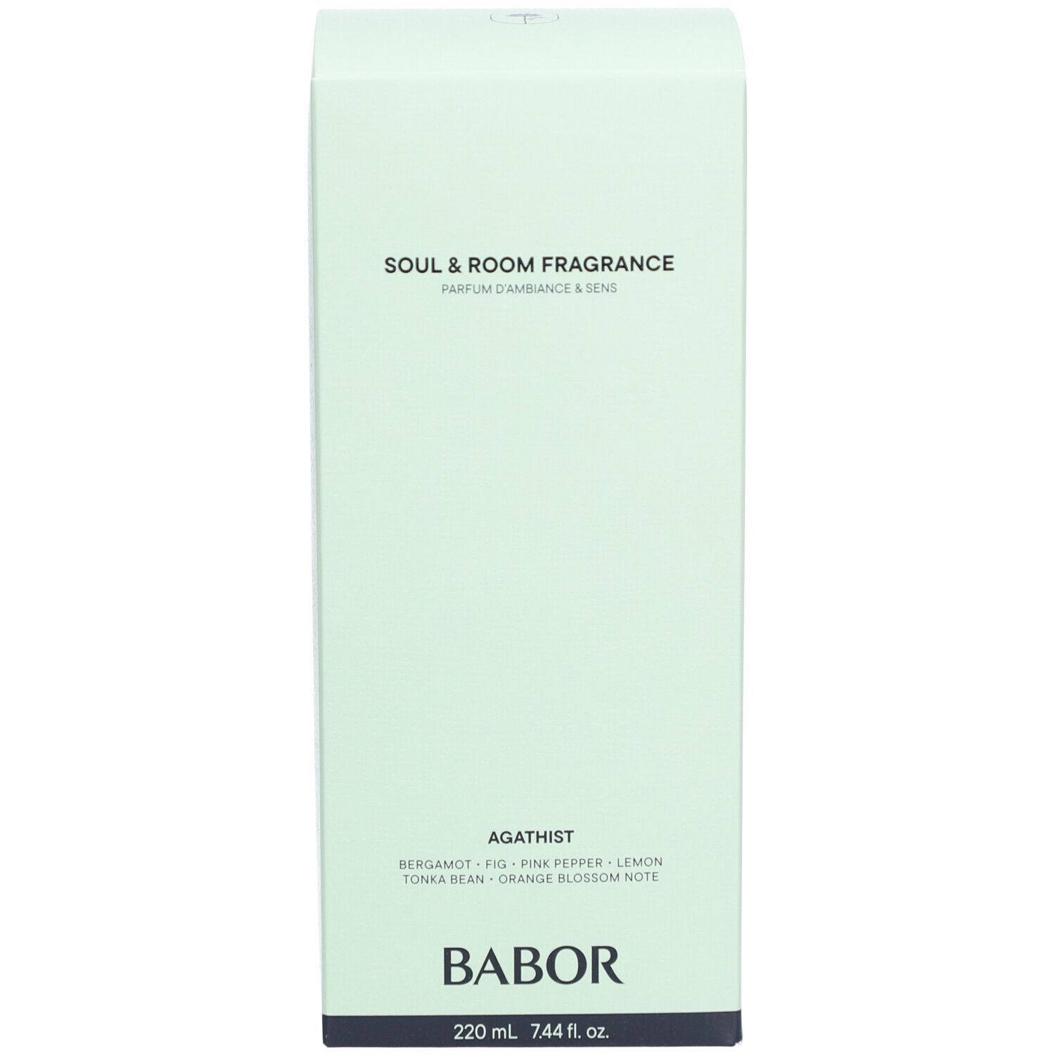 Hellgrüne Verpackung. Aufschrift: Soul & Room Fragrance Agathist, BABOR.