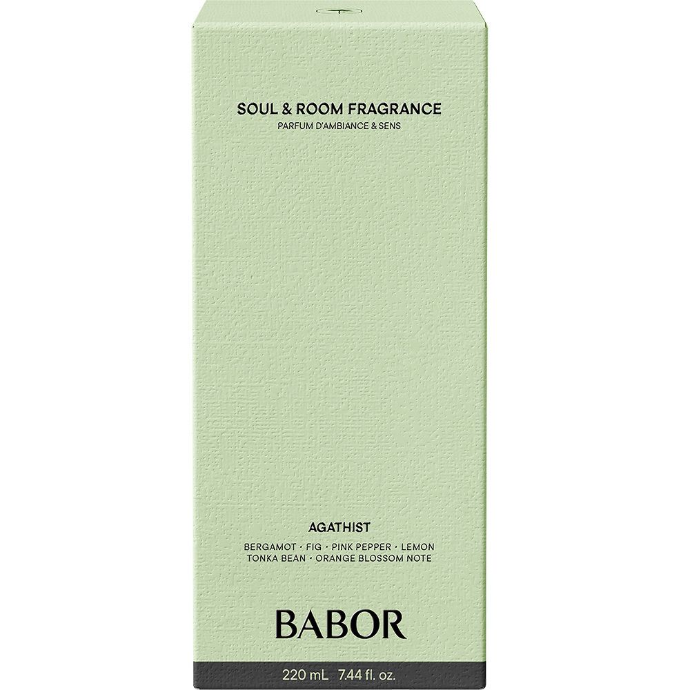 Babor Soul & Room Fragrance Agathist in hellgrüner Verpackung. Enthält Bergamotte, Feige, rosa Pfeffer, Zitrone, Tonkabohne, Orangenblüte. 220 ml.