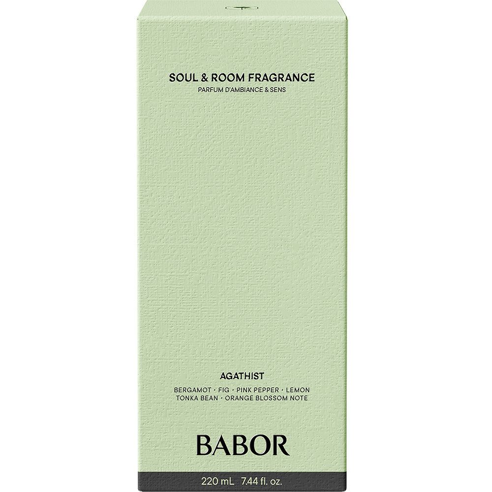Emballage vert clair. Inscription : Soul & Room Fragrance Agathist, BABOR.