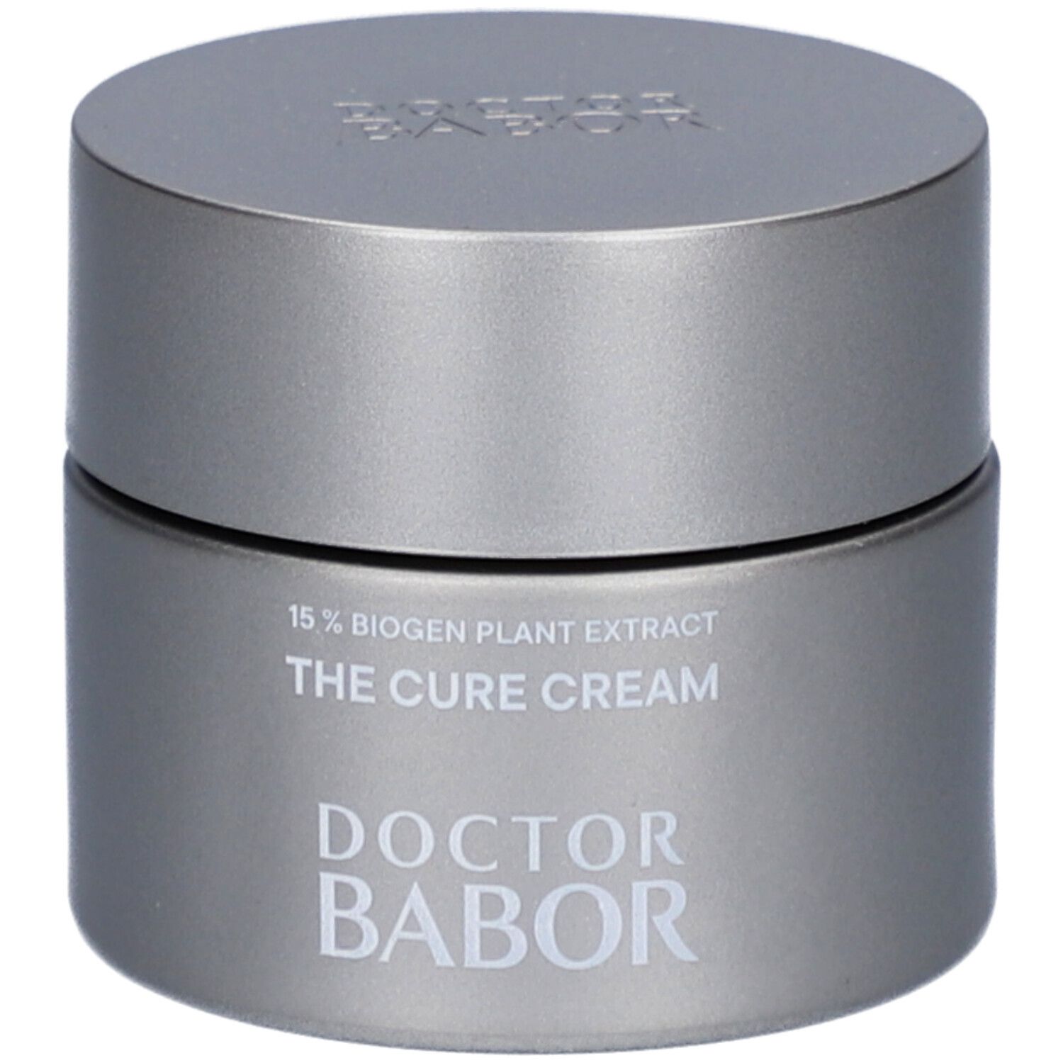 Graue Creme-Dose mit Deckel. Aufschrift: 15% Biogen Plant Extract, The Cure Cream, Doctor Babor.