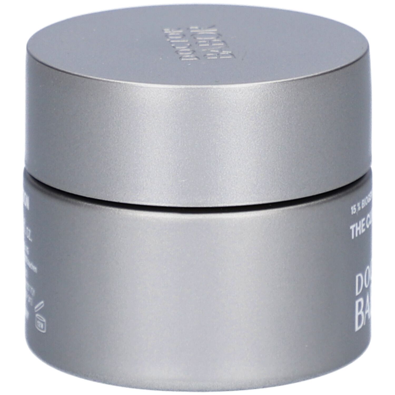 Graue Creme-Dose mit Deckel. Aufschrift: Doctor Babor. Produktinformationen auf der Seite.