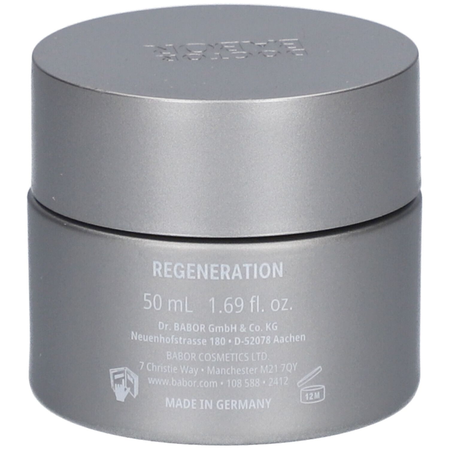 Graue Creme-Dose mit Deckel. Aufschrift: Regeneration, 50 ml, Doctor Babor GmbH & Co. KG, Made in Germany.