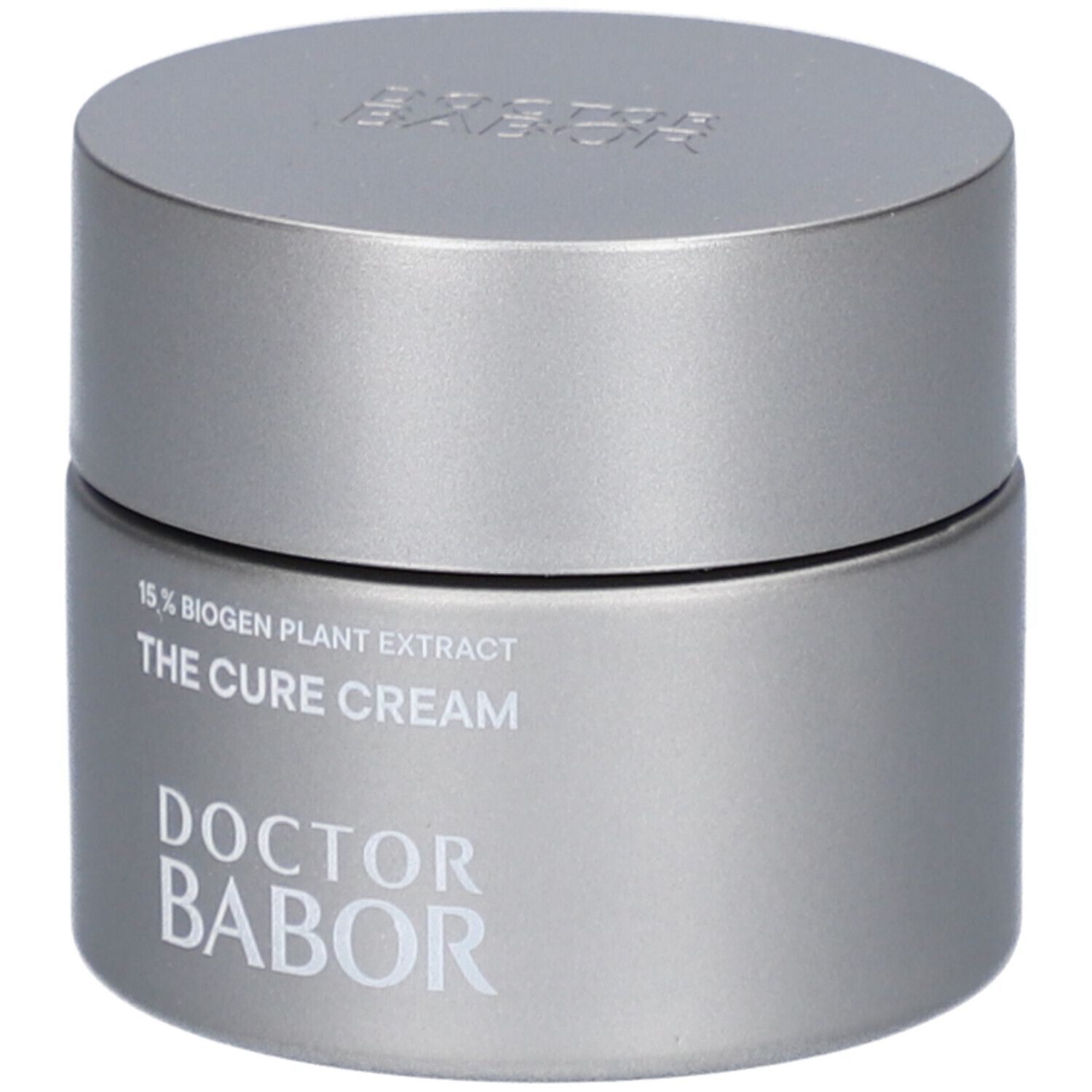 Graue Creme-Dose mit Deckel. Aufschrift: 15% Biogen Plant Extract, The Cure Cream, Doctor Babor.