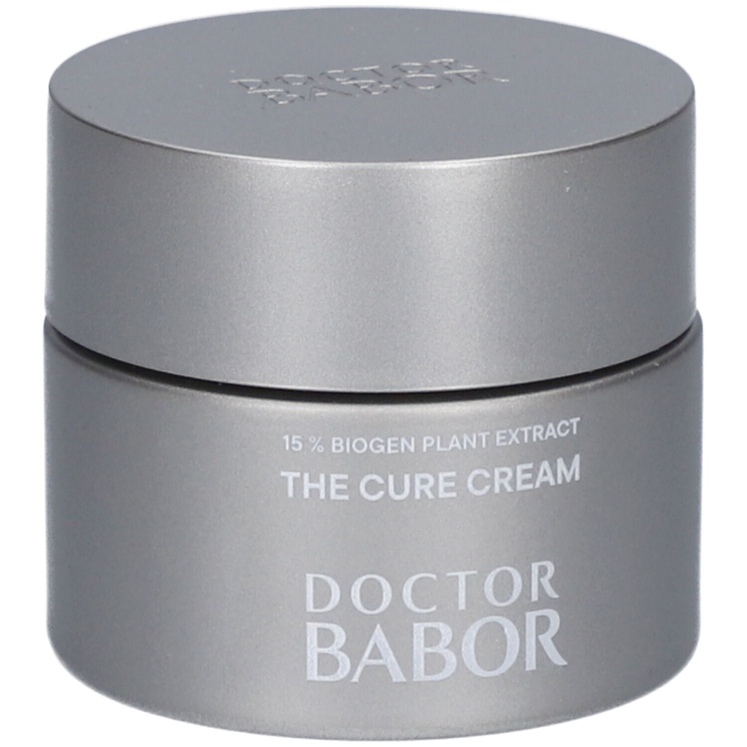 Graue Creme-Dose mit Deckel. Aufschrift: 15% Biogen Plant Extract, The Cure Cream, Doctor Babor.
