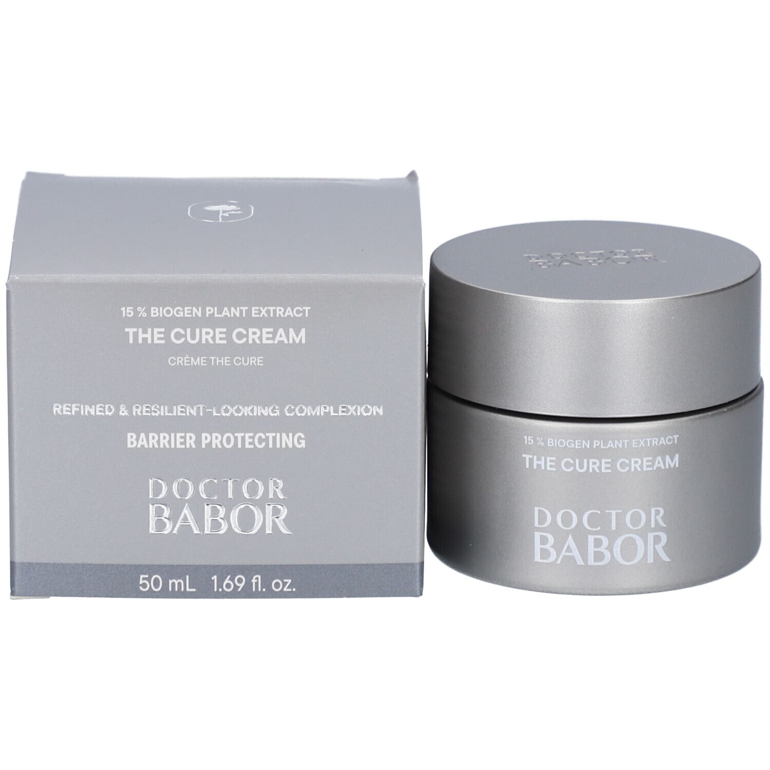 Graue Schachtel und Creme-Dose. Aufschrift: 15% Biogen Plant Extract, The Cure Cream, Doctor Babor, 50 ml.