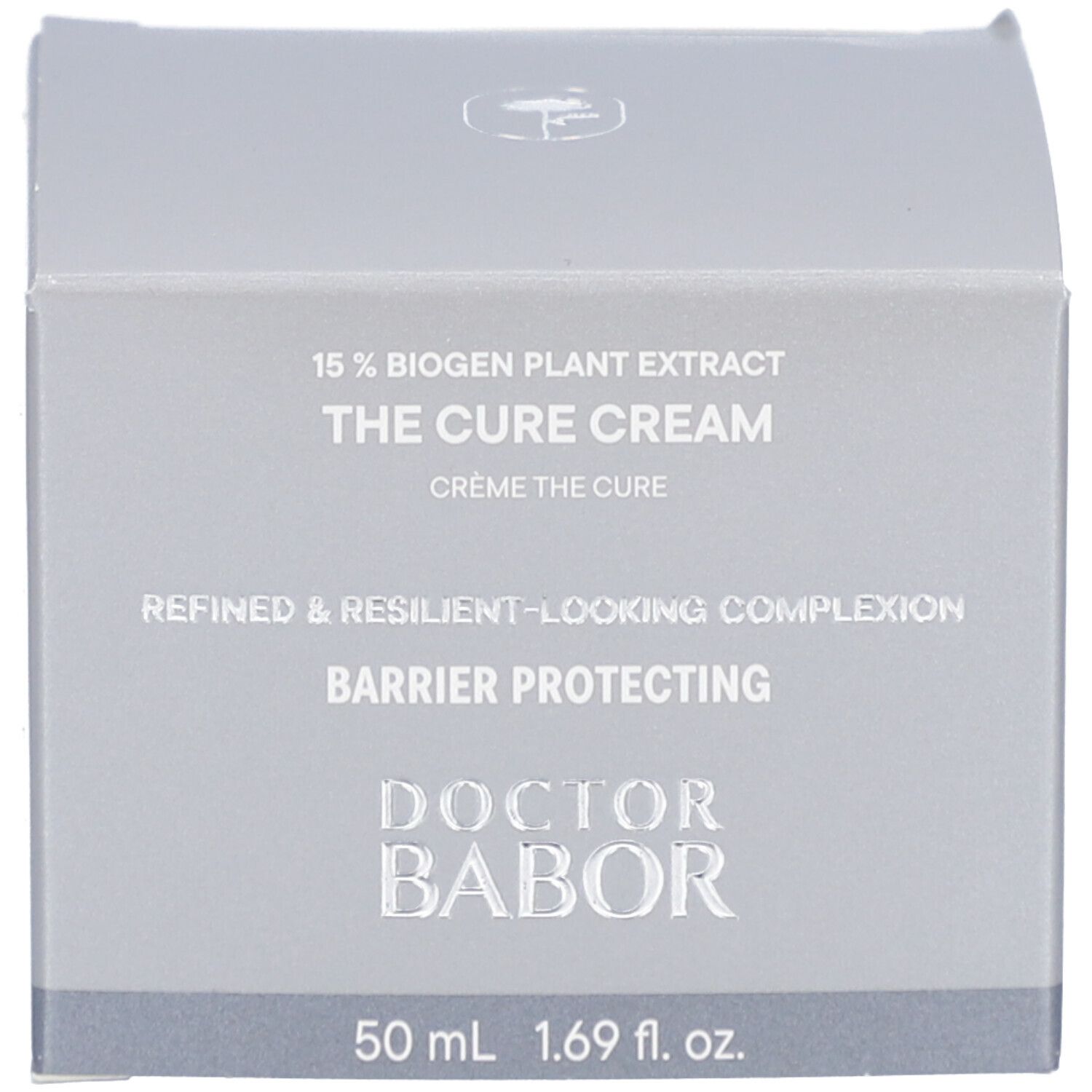 Graue Schachtel. Aufschrift: 15% Biogen Plant Extract, The Cure Cream, Doctor Babor, 50 ml.