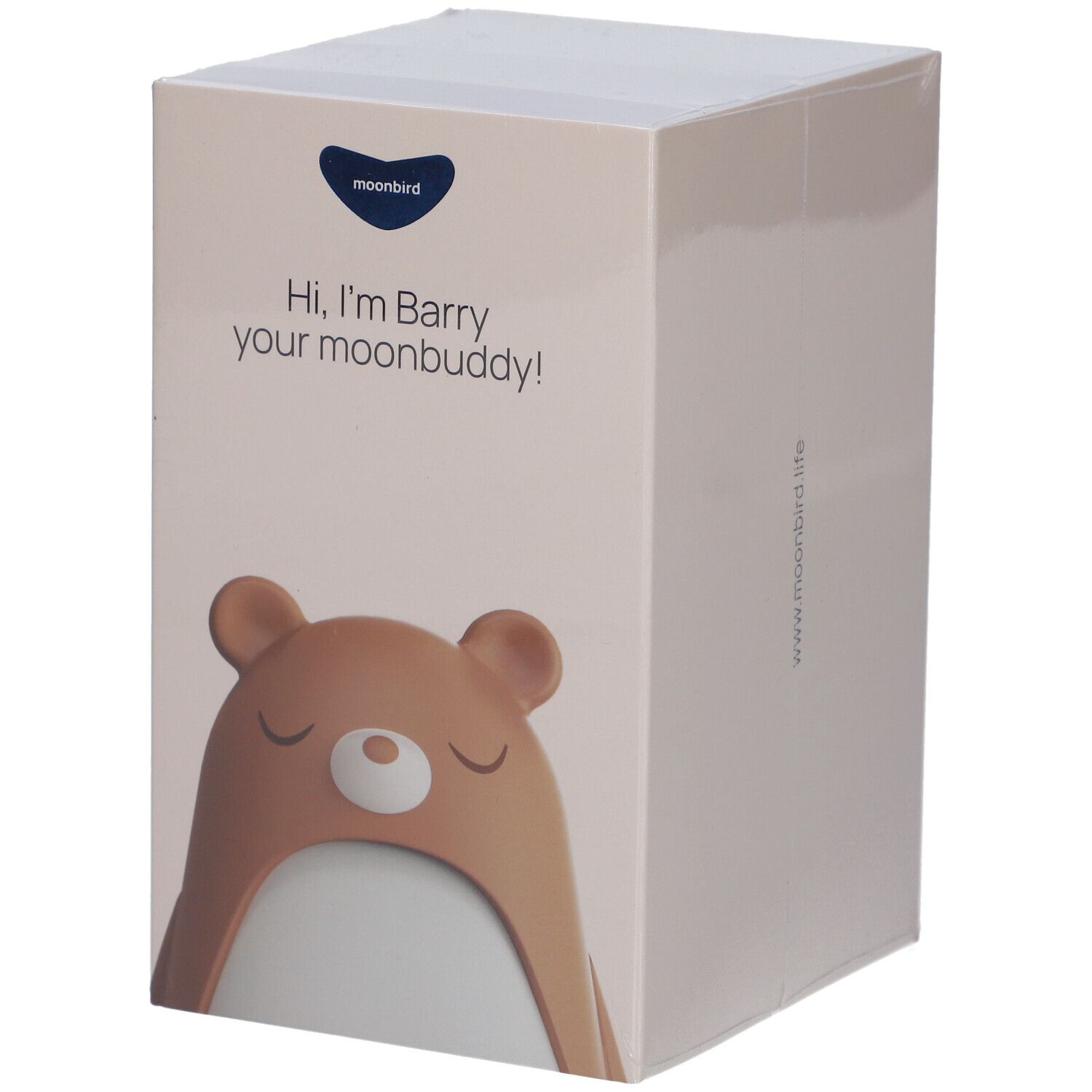 Verpackung von Moonbird Moonbuddy Barry l'ours. Aufdruck: "Hi, I'm Barry your moonbuddy!"
