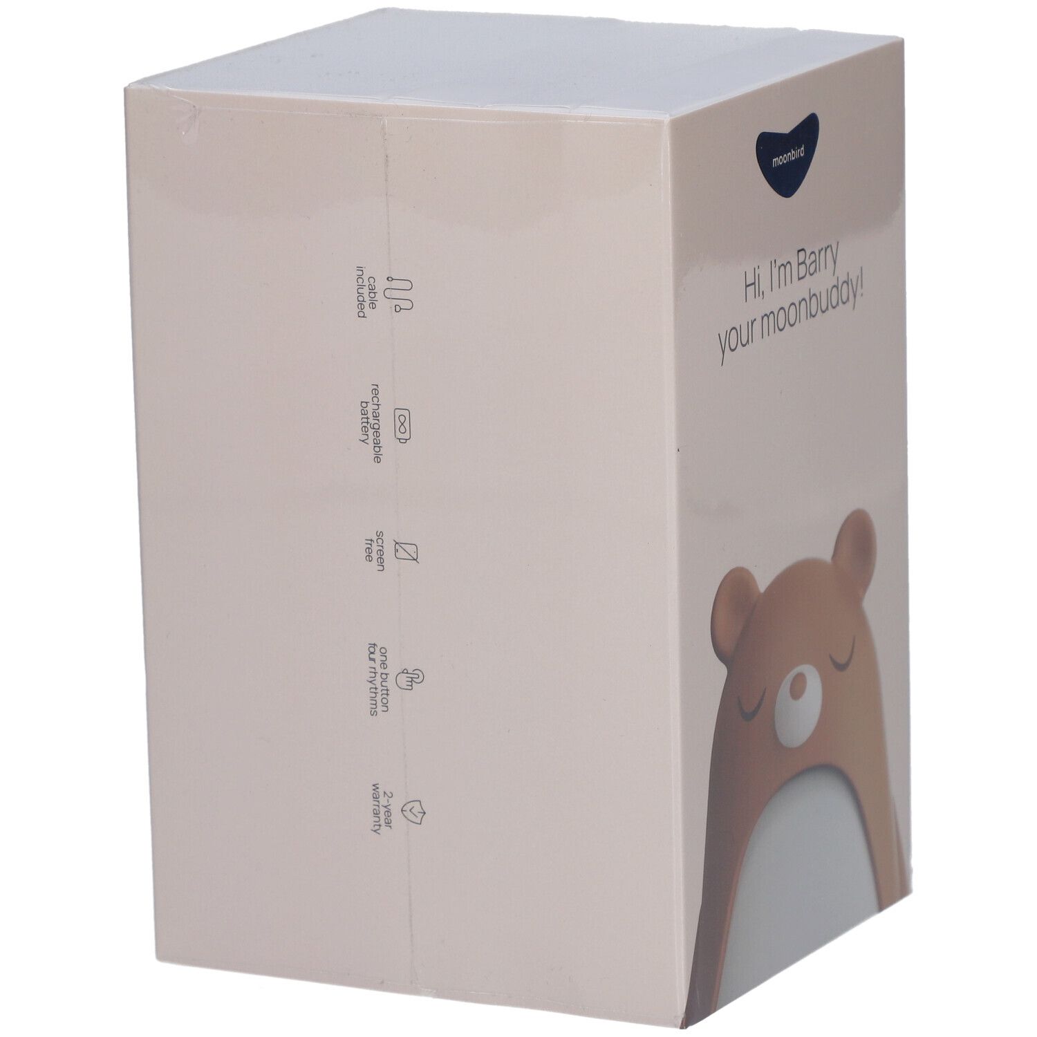 Verpackung von Moonbird Moonbuddy Barry l'ours. Aufdruck: "Hi, I'm Barry your moonbuddy!"