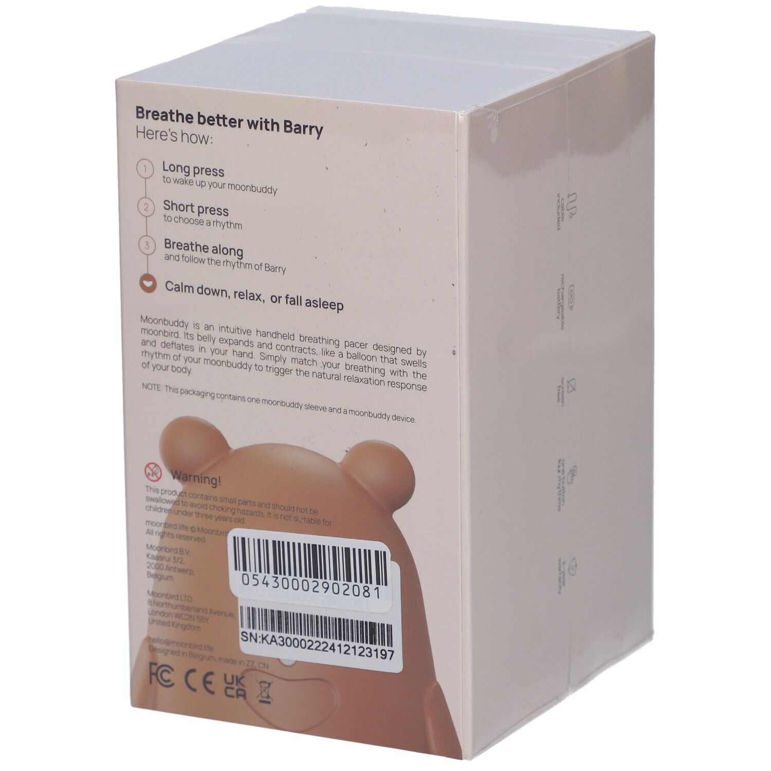 Verpackung von Moonbird Moonbuddy Barry l'ours. Rückseite mit Produktinformationen und Barcode.