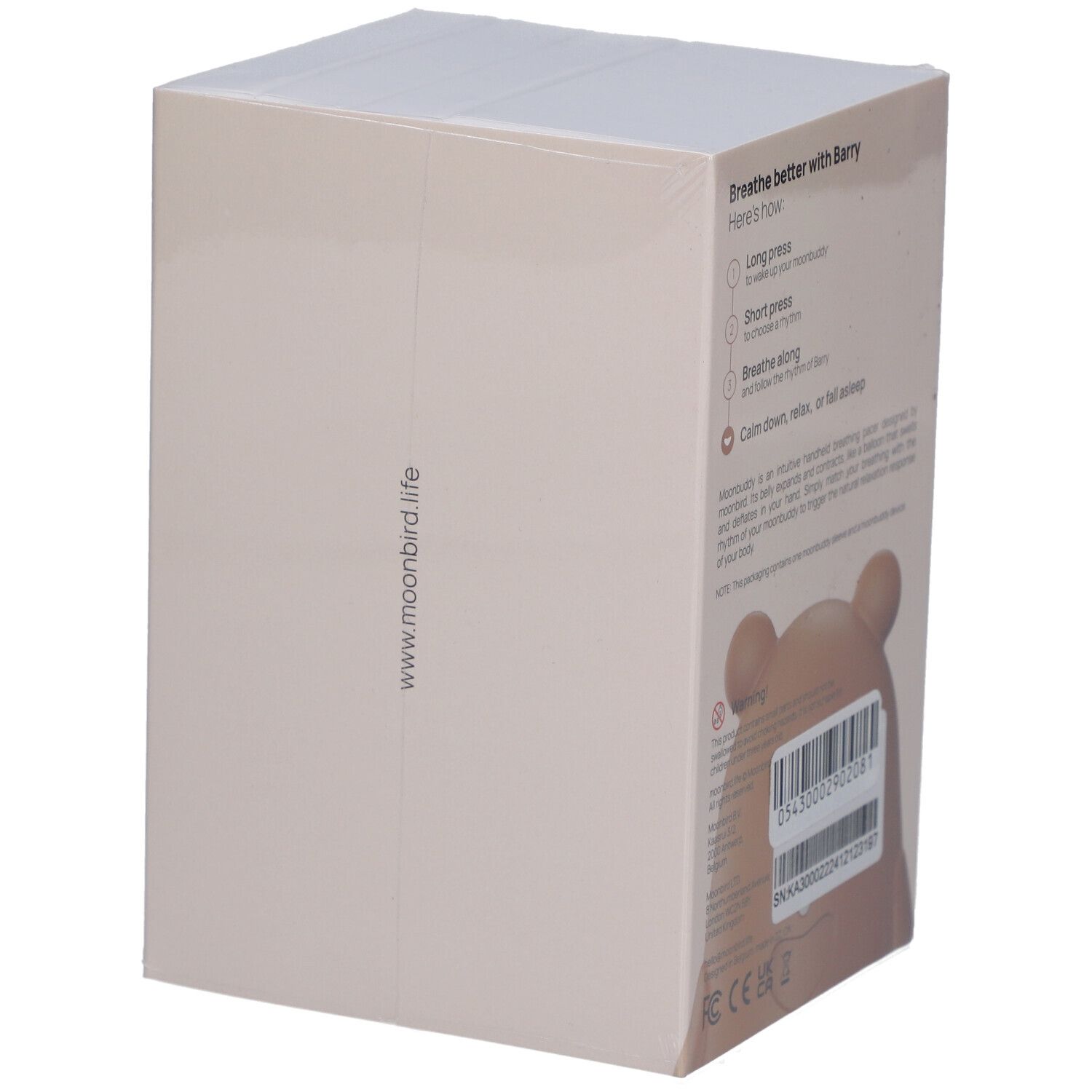 Verpackung von Moonbird Moonbuddy Barry l'ours. Rückseite mit Produktinformationen.