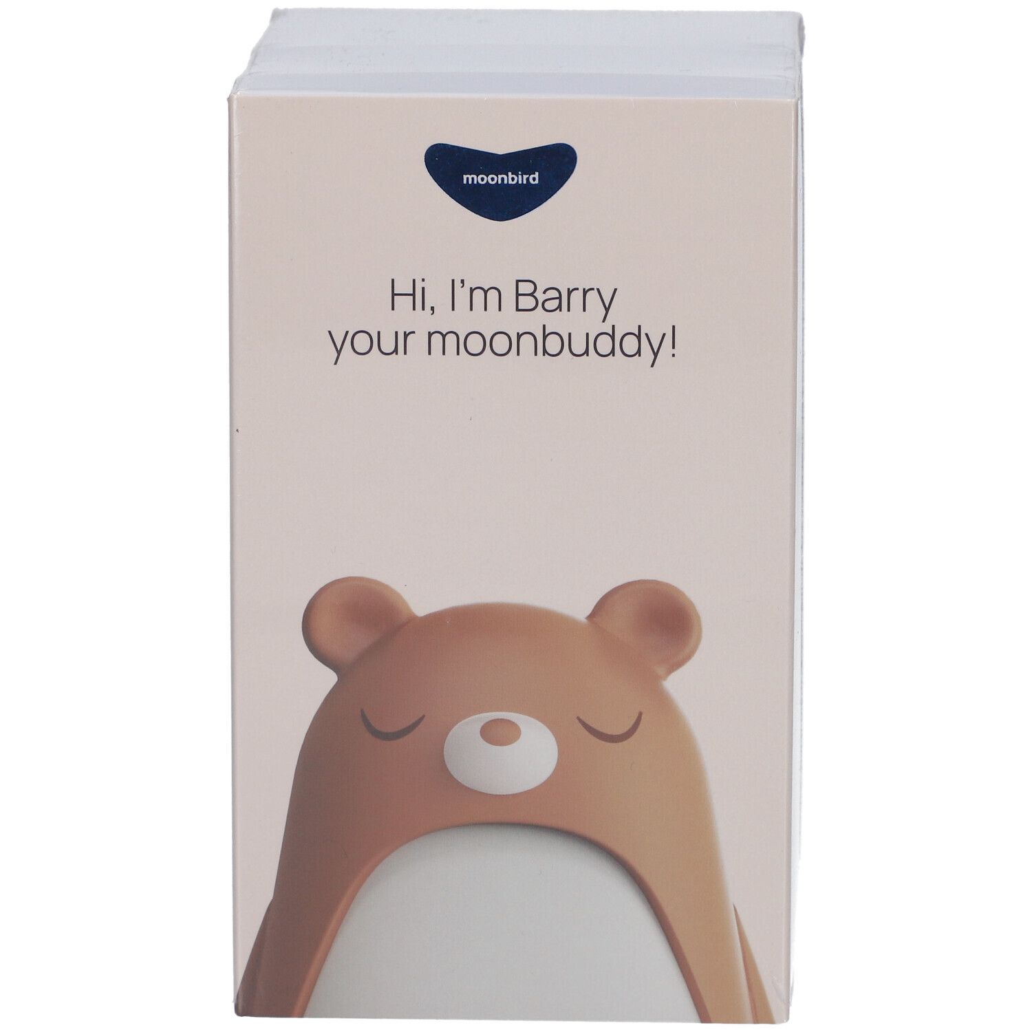 Verpackung von Moonbird Moonbuddy Barry l'ours. Aufdruck: "Hi, I'm Barry your moonbuddy!"