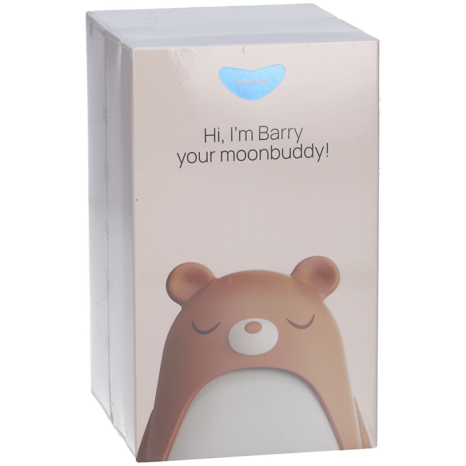 Verpackung von Moonbird Moonbuddy Barry l'ours. Aufdruck: "Hi, I'm Barry your moonbuddy!"