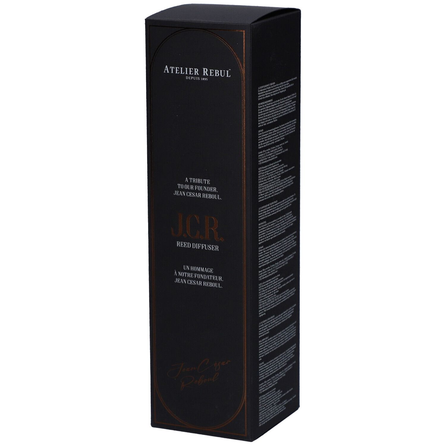 Schwarze rechteckige Schachtel. Aufschrift: Atelier Rebul, J.C.R. Reed Diffuser. Goldfarbene Schrift.