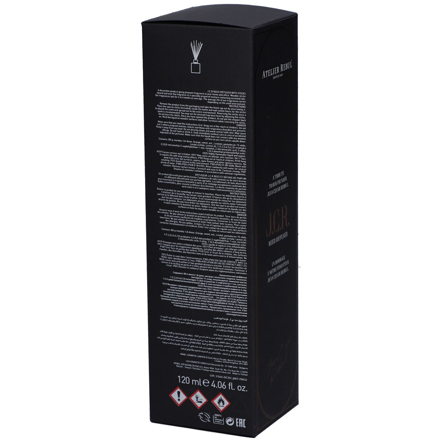 Schwarze rechteckige Schachtel. Text und Piktogramme auf der Seite. Volumen: 120 ml.