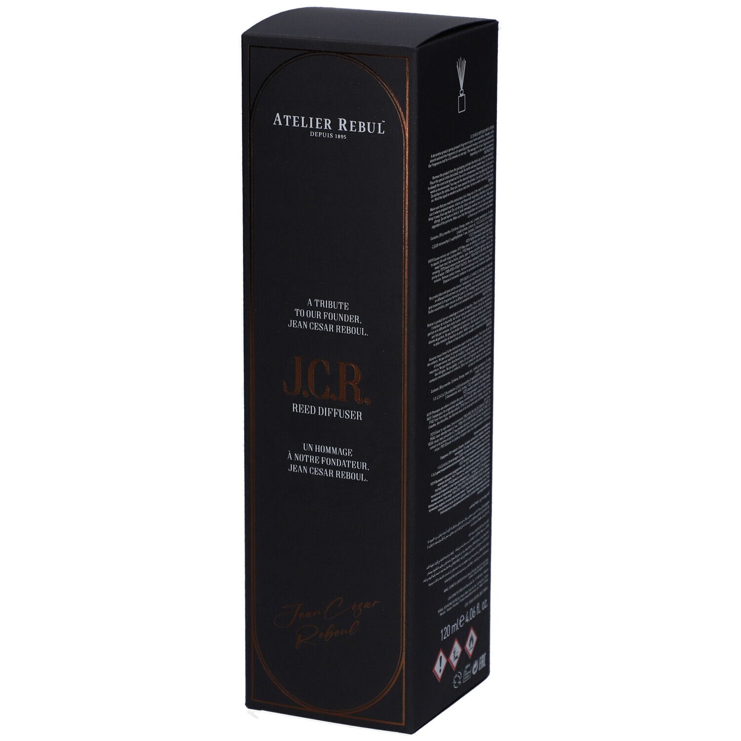 Schwarze rechteckige Schachtel. Aufschrift: Atelier Rebul, J.C.R. Reed Diffuser. Goldfarbene Schrift.
