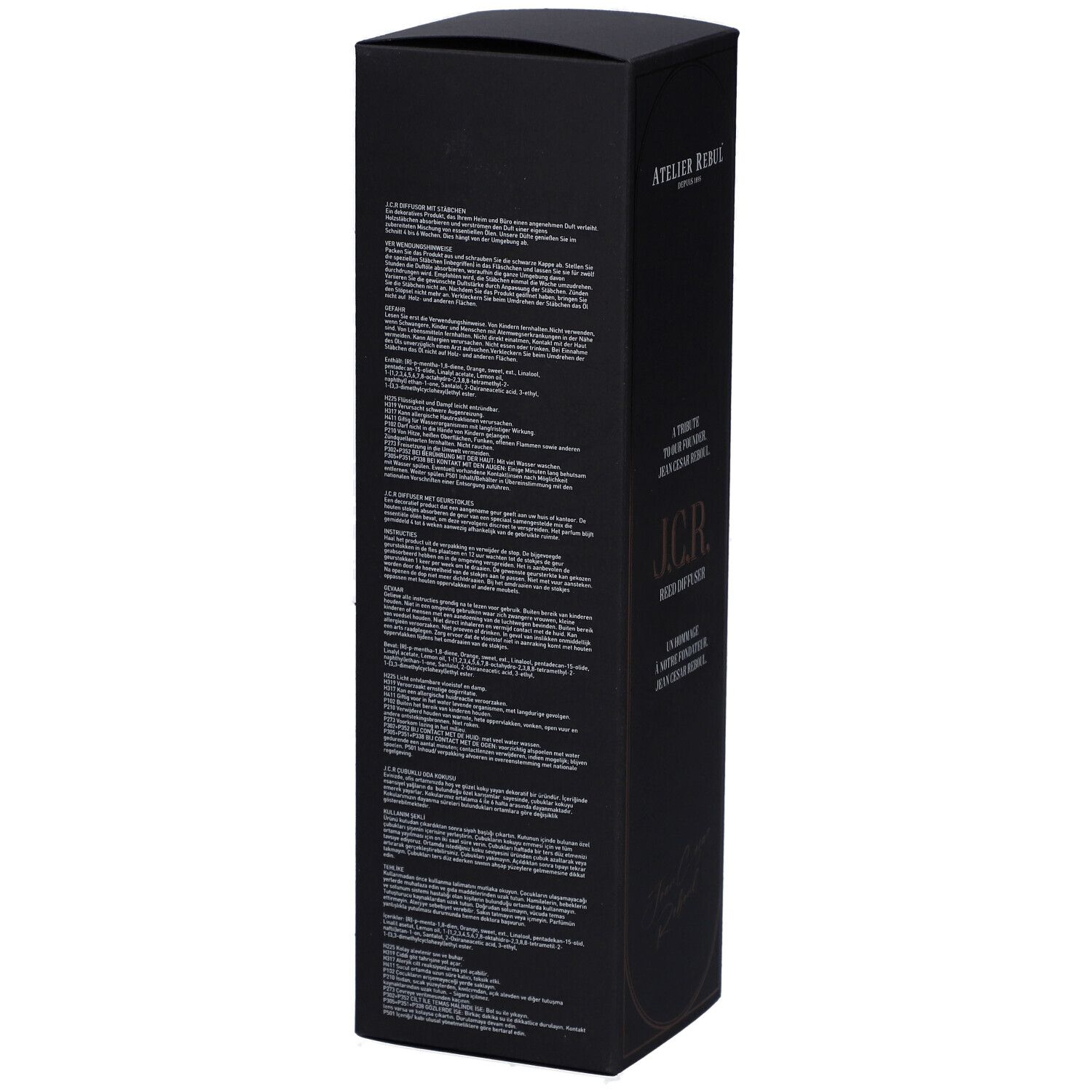 Schwarze rechteckige Schachtel. Text auf der Seite. Aufschrift: J.C.R. Reed Diffuser.