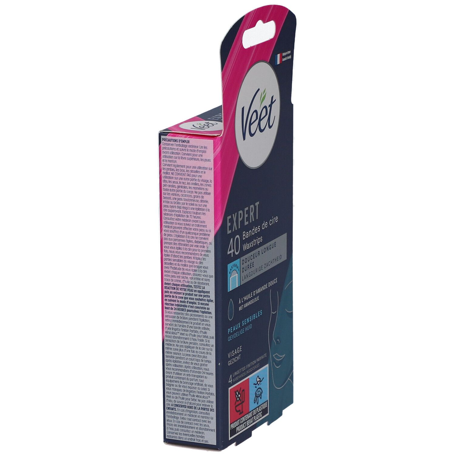 Seitenansicht der Veet Expert Waxstrips Verpackung. Text und Produktinformationen auf der Verpackung.