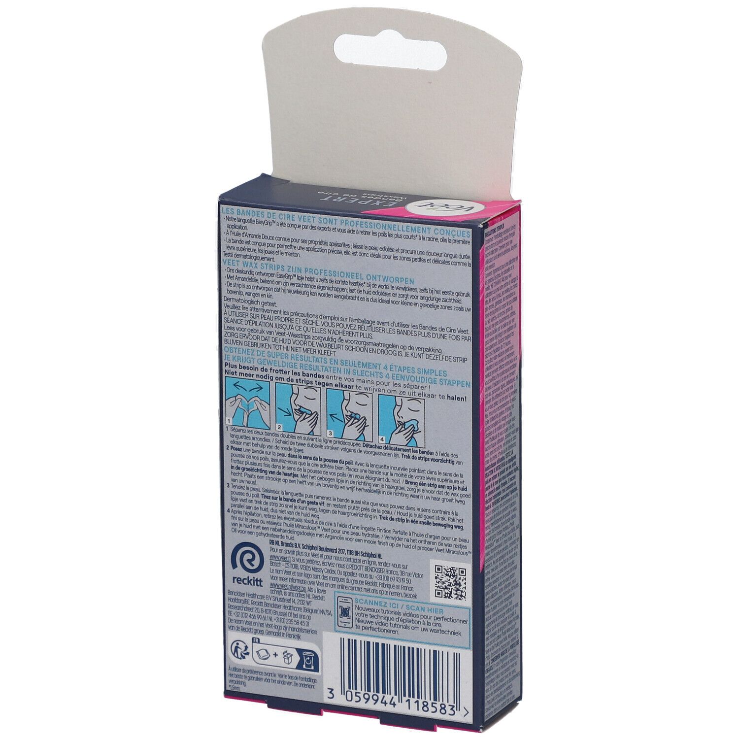 Rückseite der Veet Expert Waxstrips Verpackung. Anweisungen und Produktinformationen.