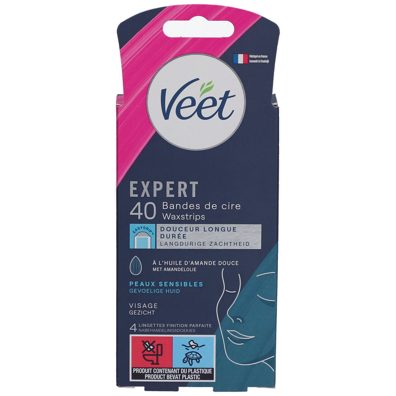 Veet Expert Waxstrips Verpackung. Enthält 40 Streifen. Blaue und pinke Farbgebung. Text: 'Peaux sensibles'.