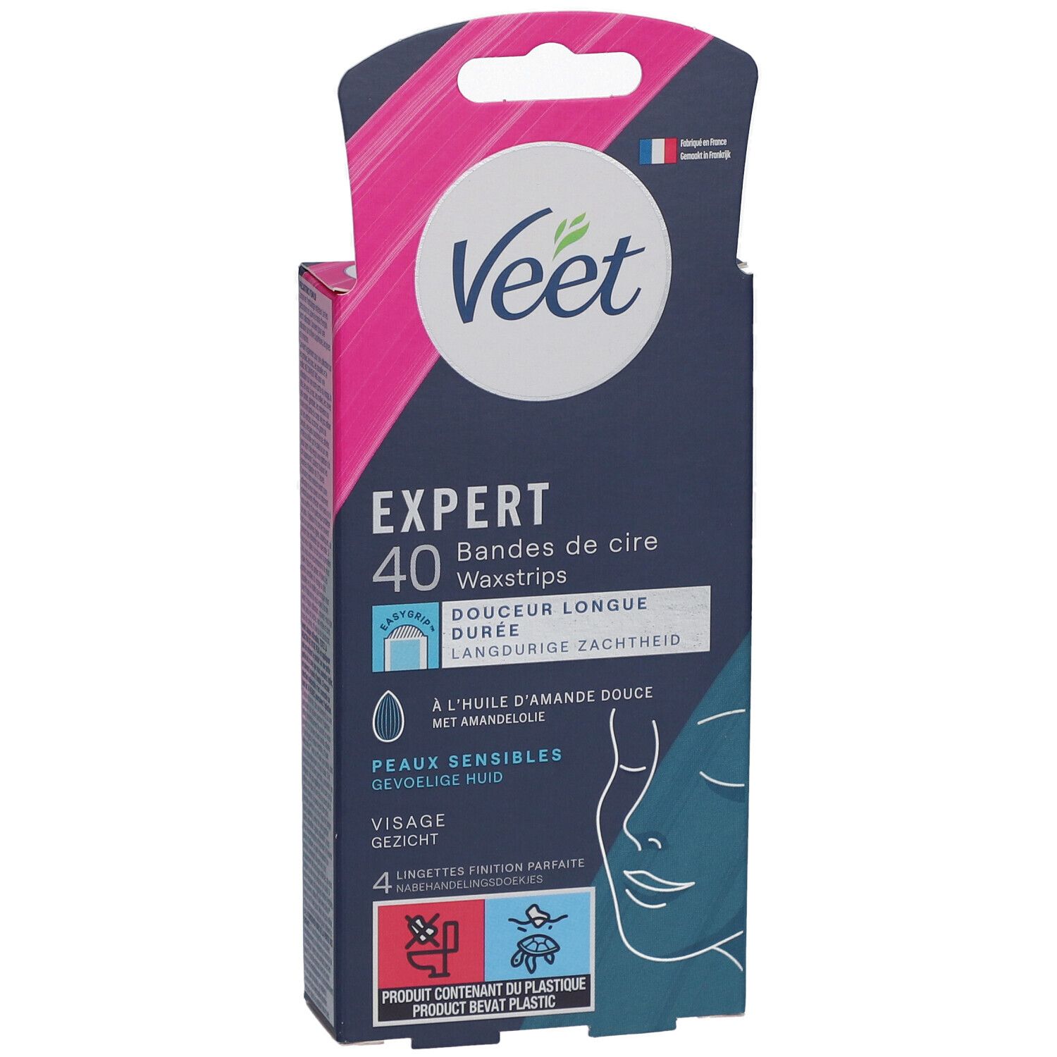 Veet Expert Waxstrips Verpackung. Enthält 40 Streifen. Blaue und pinke Farbgebung. Text: 'Peaux sensibles'.
