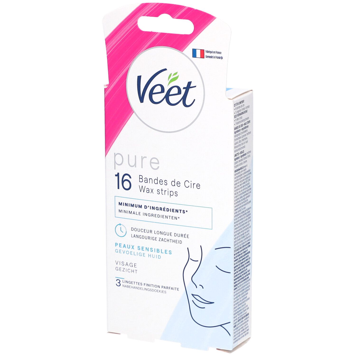 Veet Pure Wachsstreifen-Packung. 16 Streifen. Für empfindliche Haut. Gesicht. Rosa und weißes Design mit Produktnamen und Illustration.
