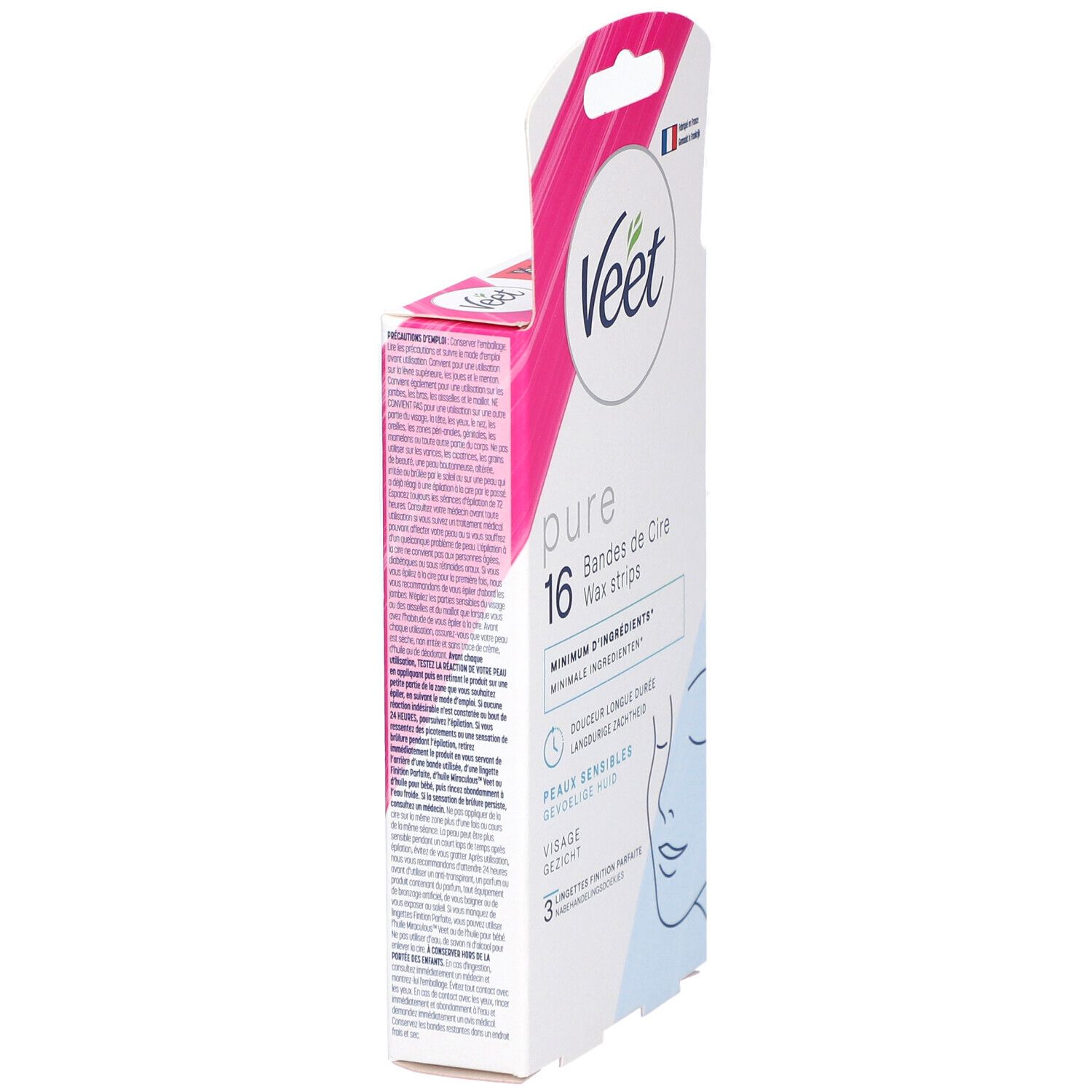 Seitenansicht der Veet Pure Wachsstreifen-Packung. Rosa und weißes Design. Produktname und Textdetails. Französische Flagge.