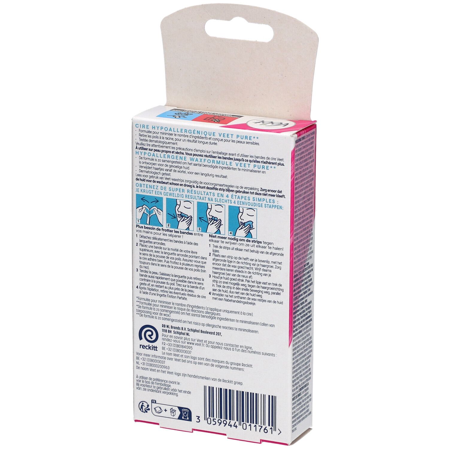 Rückseite der Veet Pure Wachsstreifen-Packung. Textinformationen und Anweisungen. Illustrationen. Rosa und weißes Design.