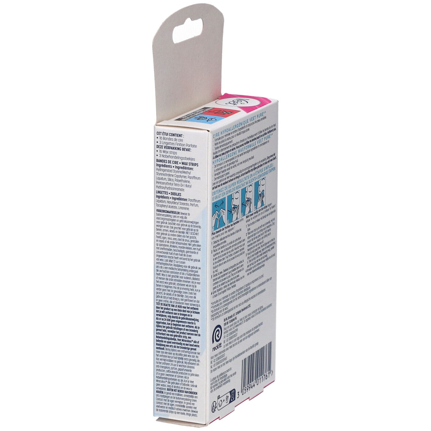 Seitenansicht der Veet Pure Wachsstreifen-Packung. Textinformationen und Anweisungen. Rosa und weißes Design. Französische Flagge.