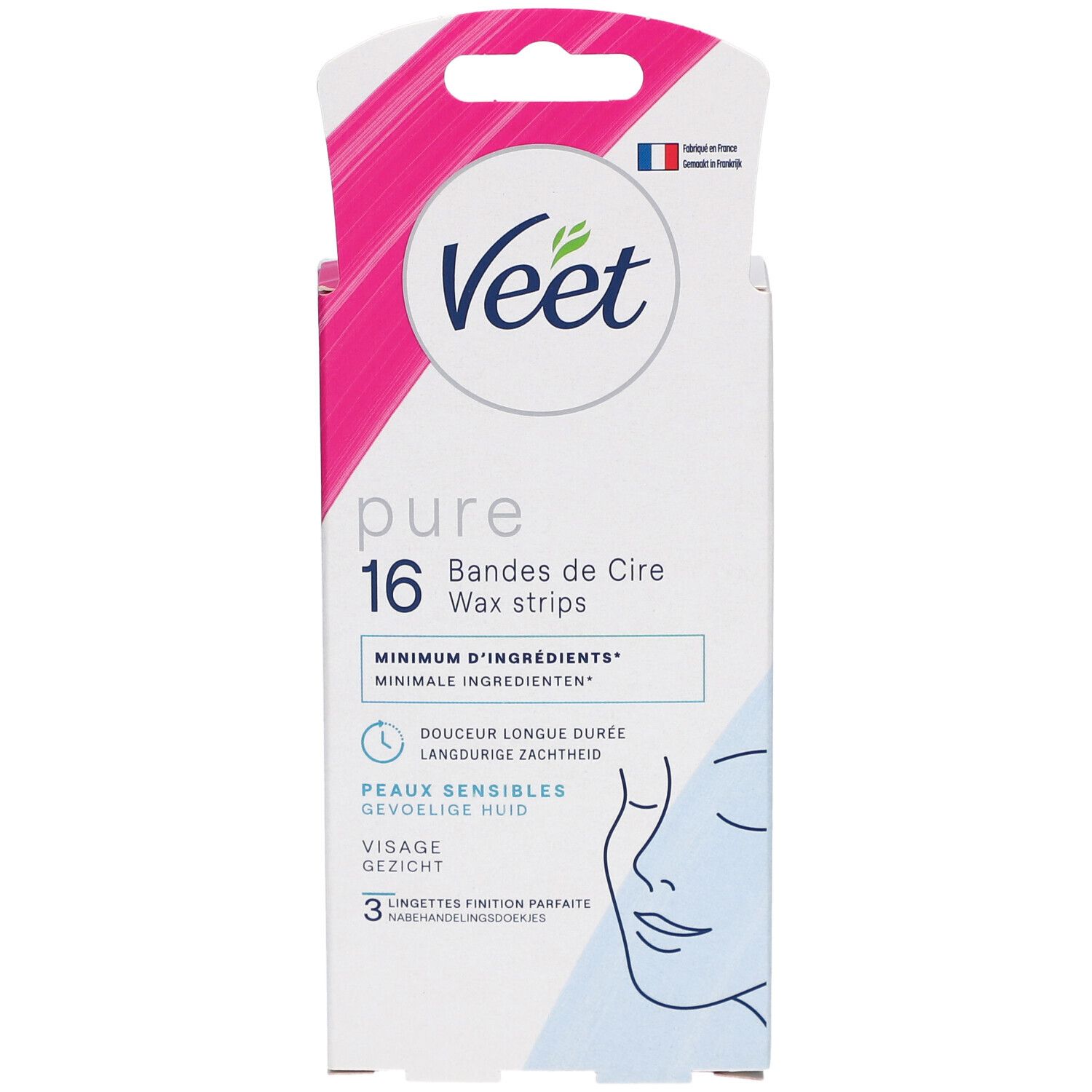 Veet Pure Wachsstreifen-Packung. 16 Streifen. Für empfindliche Haut. Gesicht. Rosa und weißes Design mit Produktnamen und Illustration.