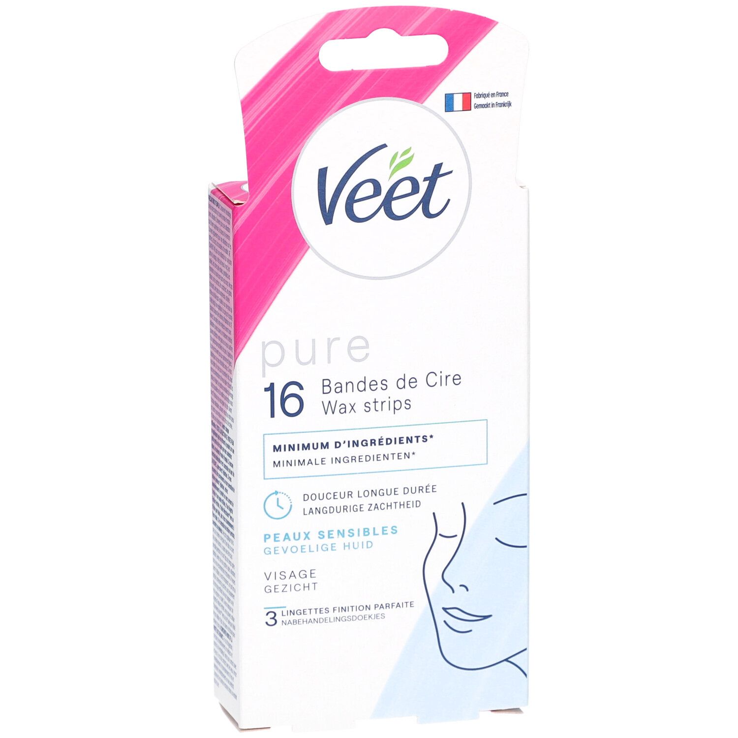 Veet Pure Wachsstreifen-Packung. 16 Streifen. Für empfindliche Haut. Gesicht. Rosa und weißes Design mit Produktnamen und Illustration.