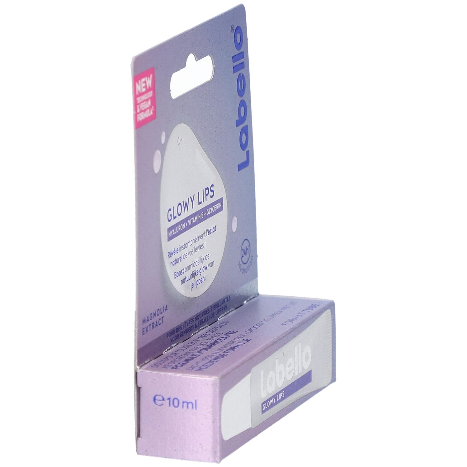 Labello Glowy Lips Lippenpflege in Verpackung. Eckansicht. Enthält Hyaluron, Vitamin E und Glycerin. Vegan.