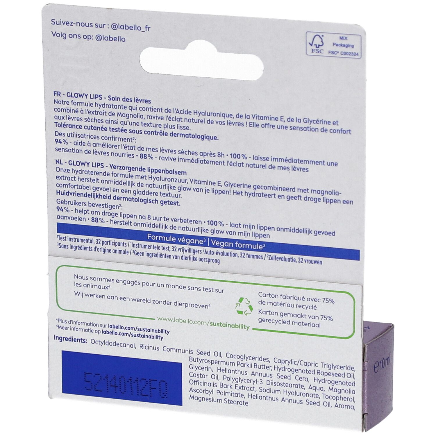 Rückseite der Labello Glowy Lips Verpackung. Enthält Informationen zu Inhaltsstoffen und Nachhaltigkeit.