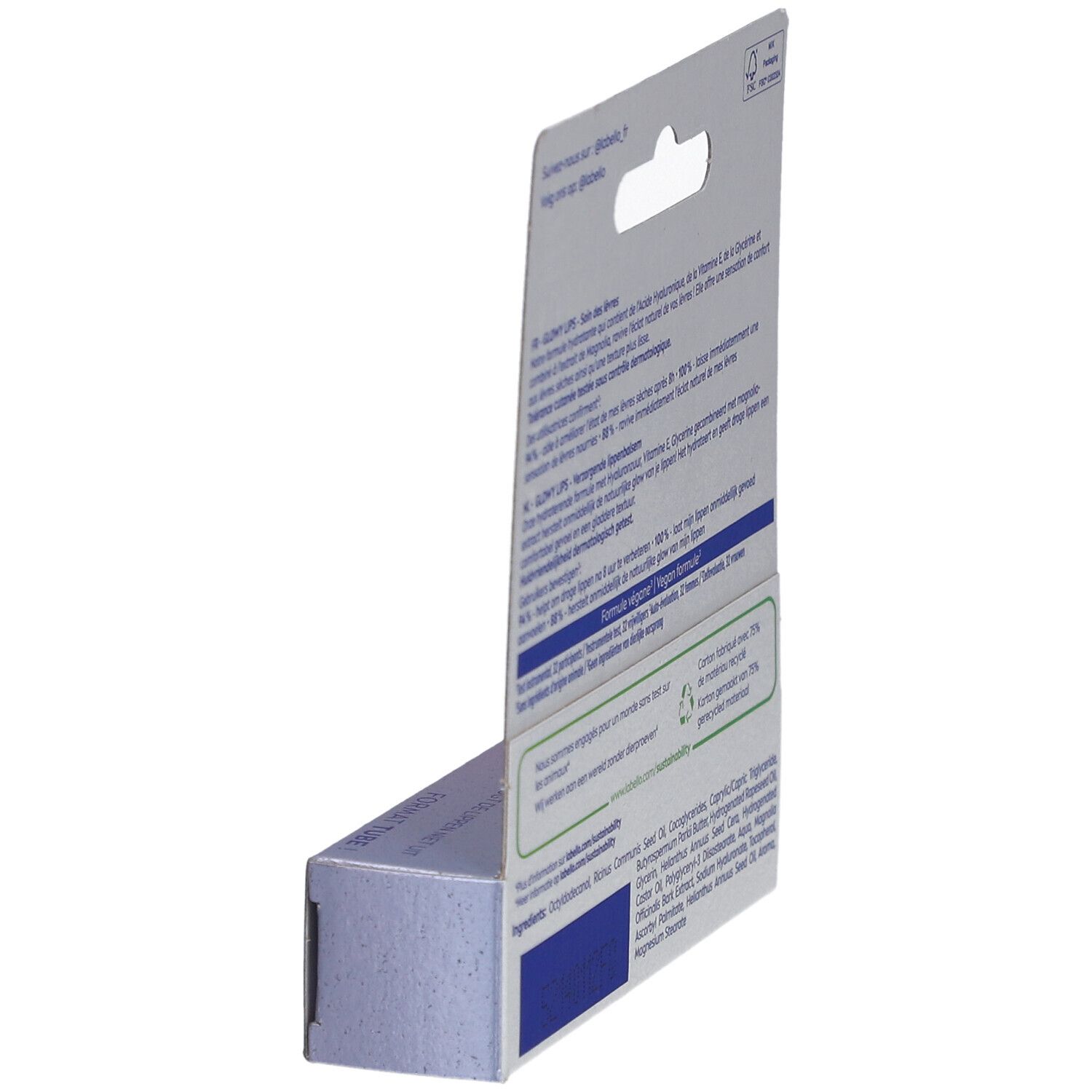 Rückseite der Labello Glowy Lips Verpackung. Eckansicht. Enthält Informationen zu Inhaltsstoffen und Nachhaltigkeit.