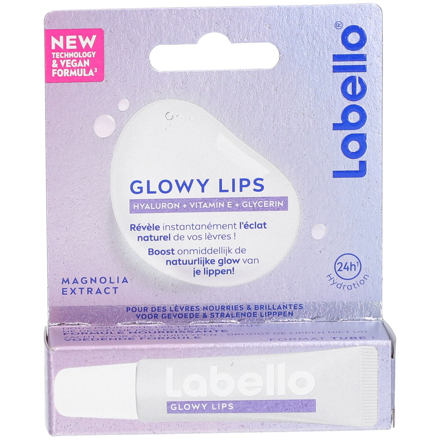 Labello Glowy Lips Lippenpflege in Verpackung. Enthält Hyaluron, Vitamin E und Glycerin. Vegan.