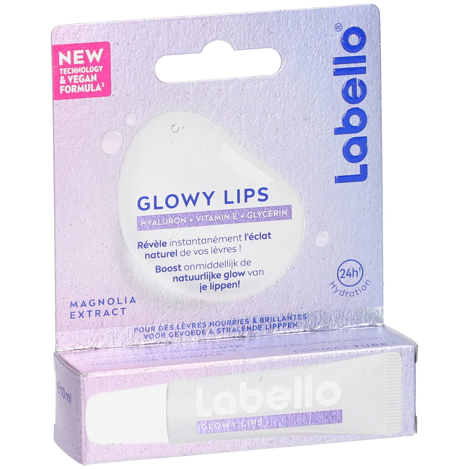 Labello Glowy Lips Lippenpflege in Verpackung. Enthält Hyaluron, Vitamin E und Glycerin. Vegan.