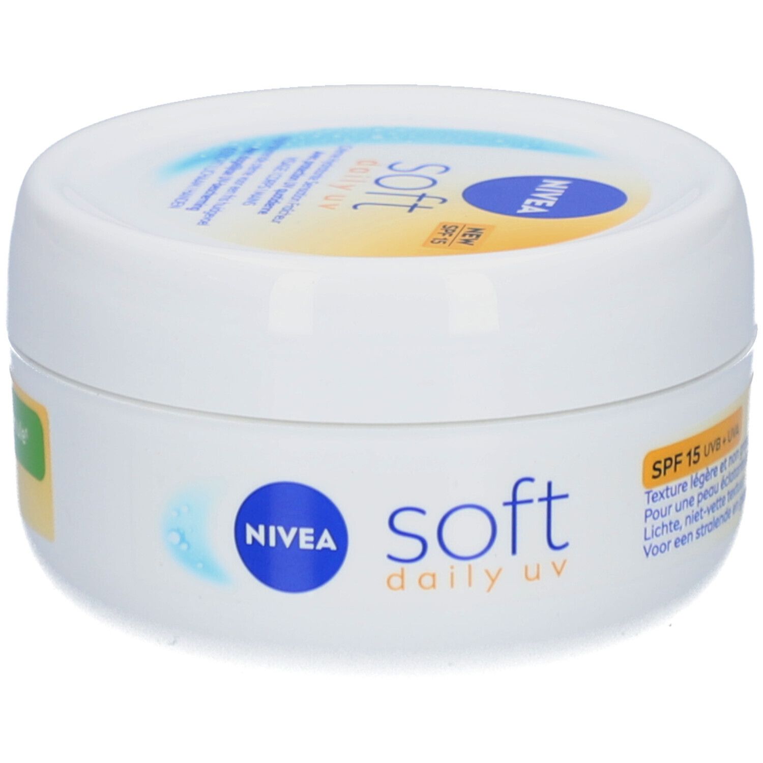 Pot blanc Nivea Soft Daily UV SPF15. Inscription: Nivea, Soft, Daily UV. Autocollant jaune avec SPF15.