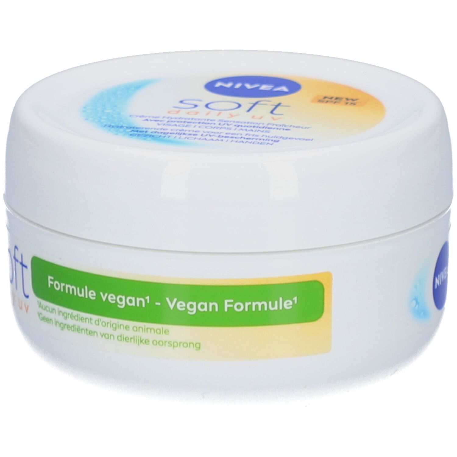 Pot blanc Nivea Soft Daily UV. Inscription: Nivea, Soft, Daily UV. Autocollant vert: Formule vegan.