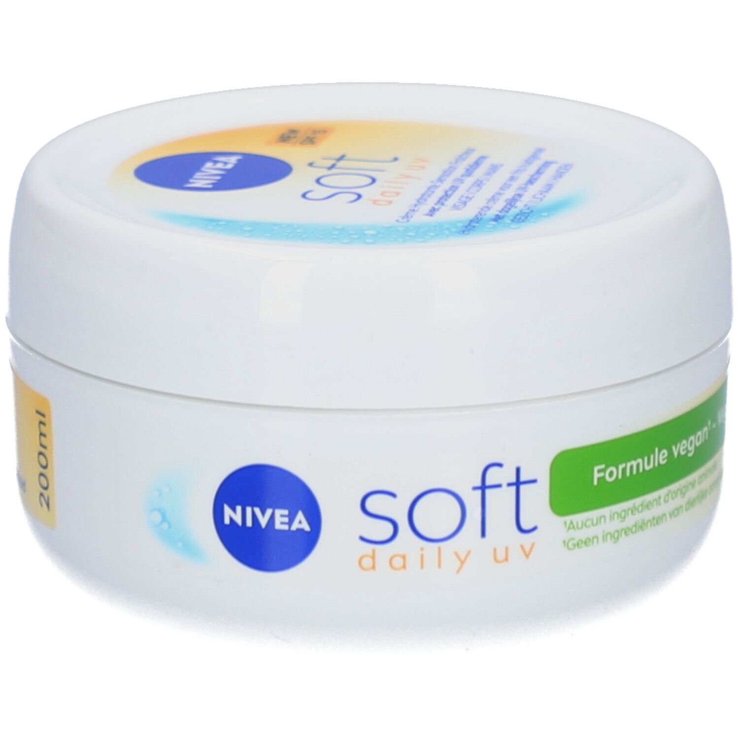 Pot blanc Nivea Soft Daily UV. Inscription: Nivea, Soft, Daily UV. Autocollant avec 200ml.