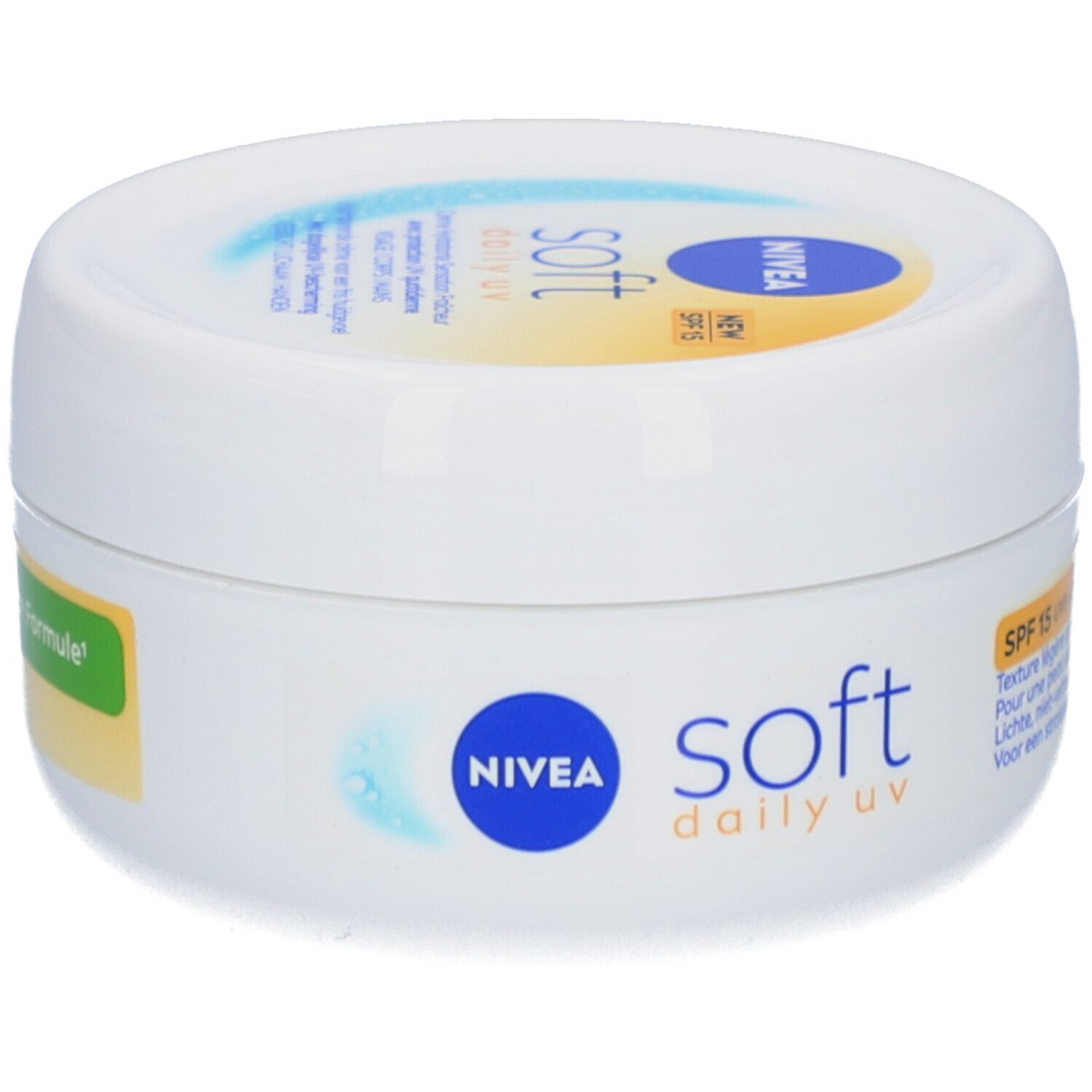 Pot blanc Nivea Soft Daily UV. Inscription: Nivea, Soft, Daily UV. Autocollant jaune avec SPF15.