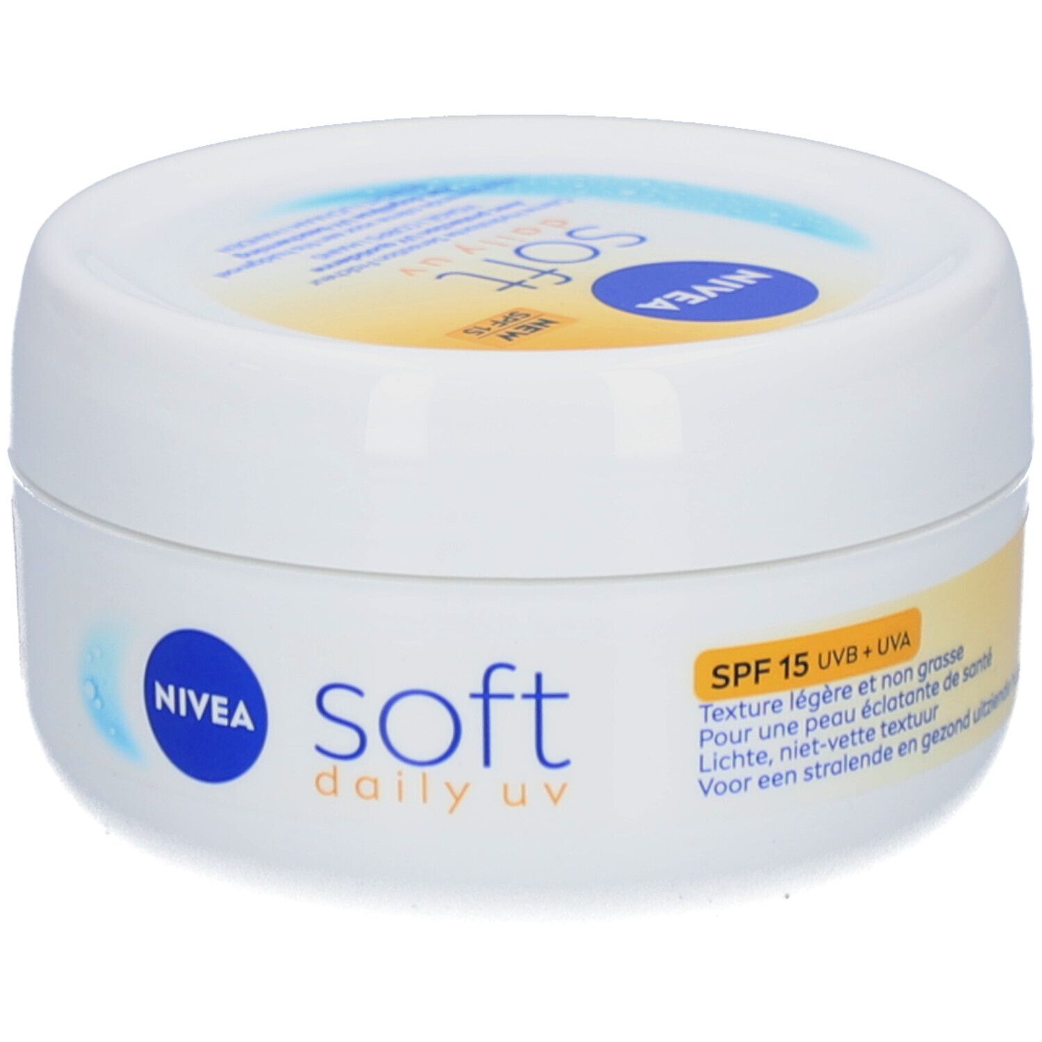 Pot blanc Nivea Soft Daily UV. Inscription: Nivea, Soft, Daily UV. Autocollant jaune avec SPF15 et texte.