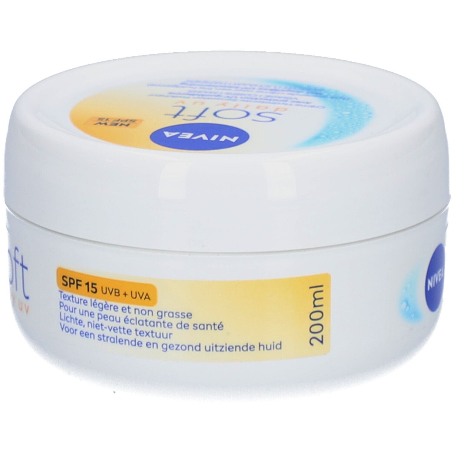 Pot blanc Nivea Soft Daily UV. Inscription: Nivea, Soft, Daily UV. Autocollant jaune avec SPF15, texte et 200ml.