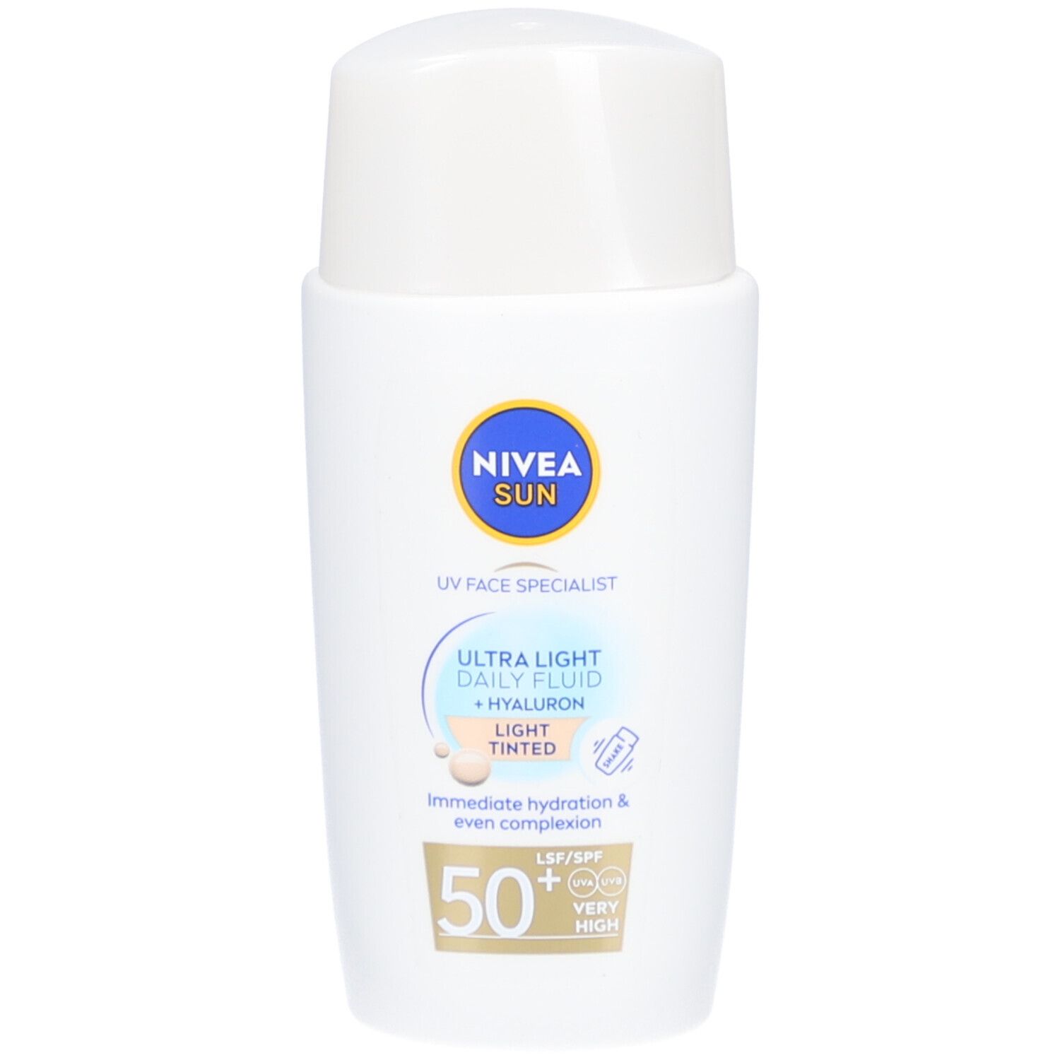 Weiße Flasche mit blauem Deckel. Aufschrift: NIVEA SUN, Ultra Light Daily Fluid + Hyaluron, Light Tinted. LSF 50+.