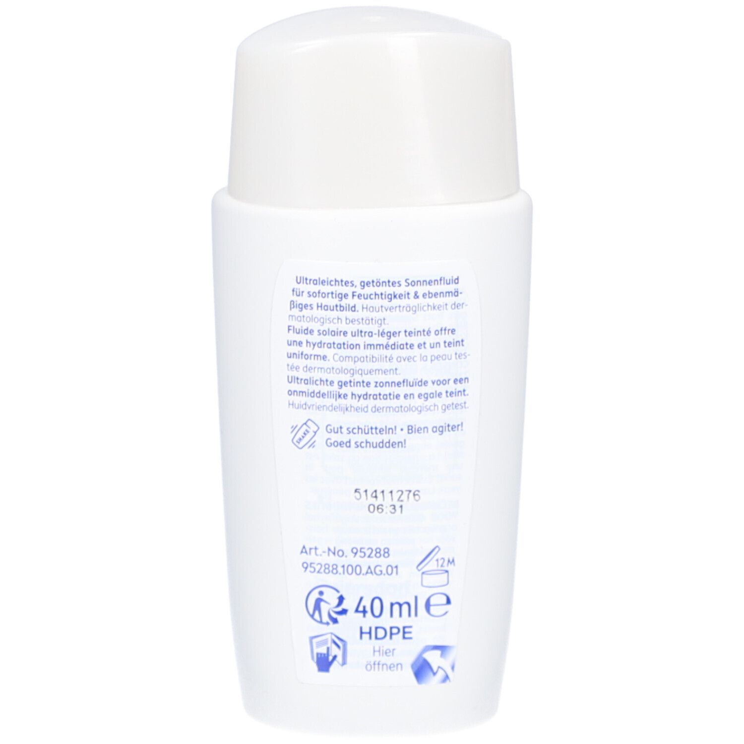 Rückseite der weißen Flasche. Text in mehreren Sprachen. Aufschrift: 40 ml, HDPE, nicht öffnen.