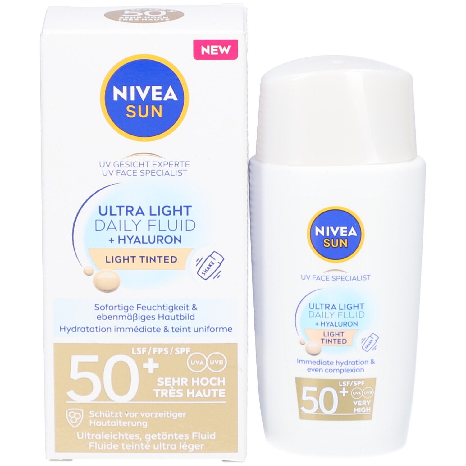Produktverpackung mit Flasche. Aufschrift: NIVEA SUN, Ultra Light Daily Fluid + Hyaluron, Light Tinted. LSF 50+. Neu-Etikett.
