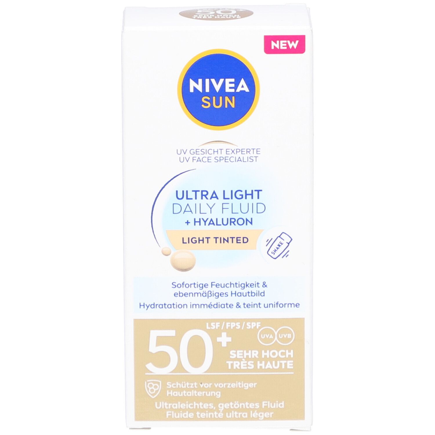 Produktverpackung. Aufschrift: NIVEA SUN, Ultra Light Daily Fluid + Hyaluron, Light Tinted. LSF 50+. Neu-Etikett.