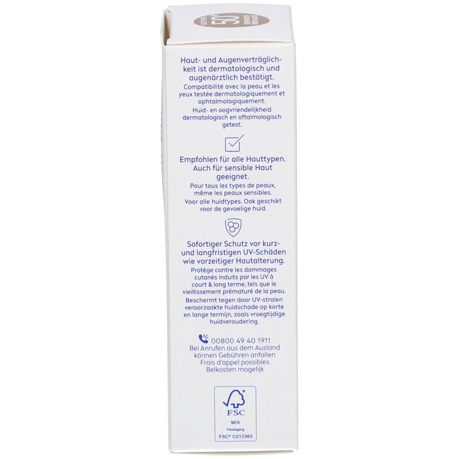 Verpackung. Text in mehreren Sprachen. Aufschrift: Für alle Hauttypen geeignet. Dermatologisch getestet.