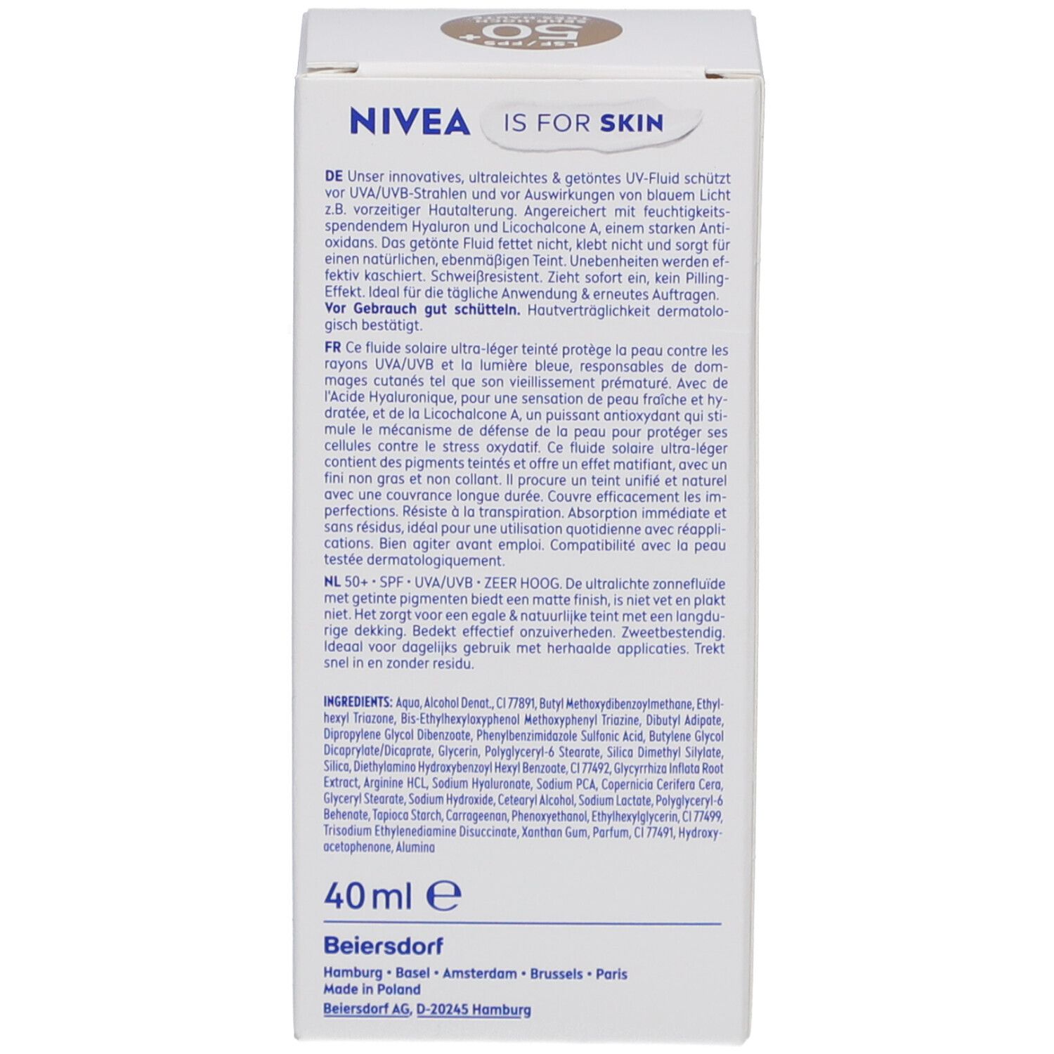 Verpackung. Text in mehreren Sprachen. Aufschrift: 40 ml. Inhaltsstoffe. Hergestellt in Deutschland.